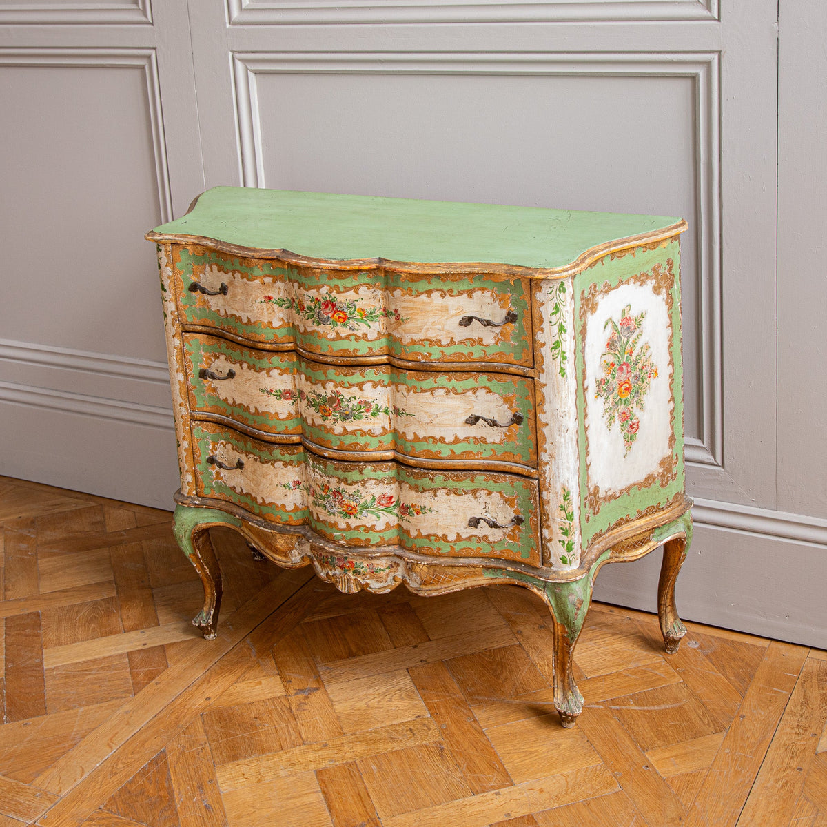 Serpentine Commode, 18th century style Italian floral painted and gilt - La Maison London