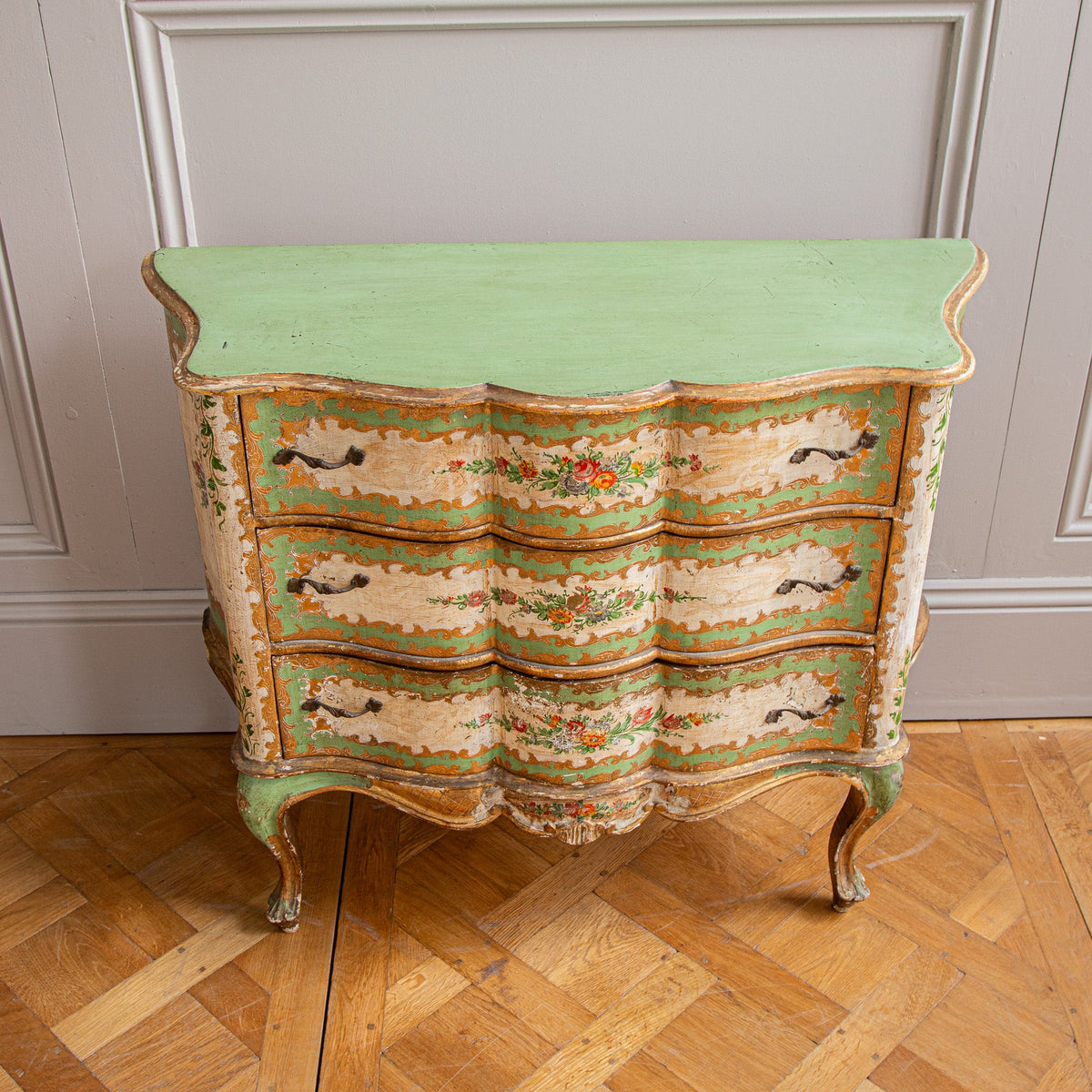 Serpentine Commode, 18th century style Italian floral painted and gilt - La Maison London