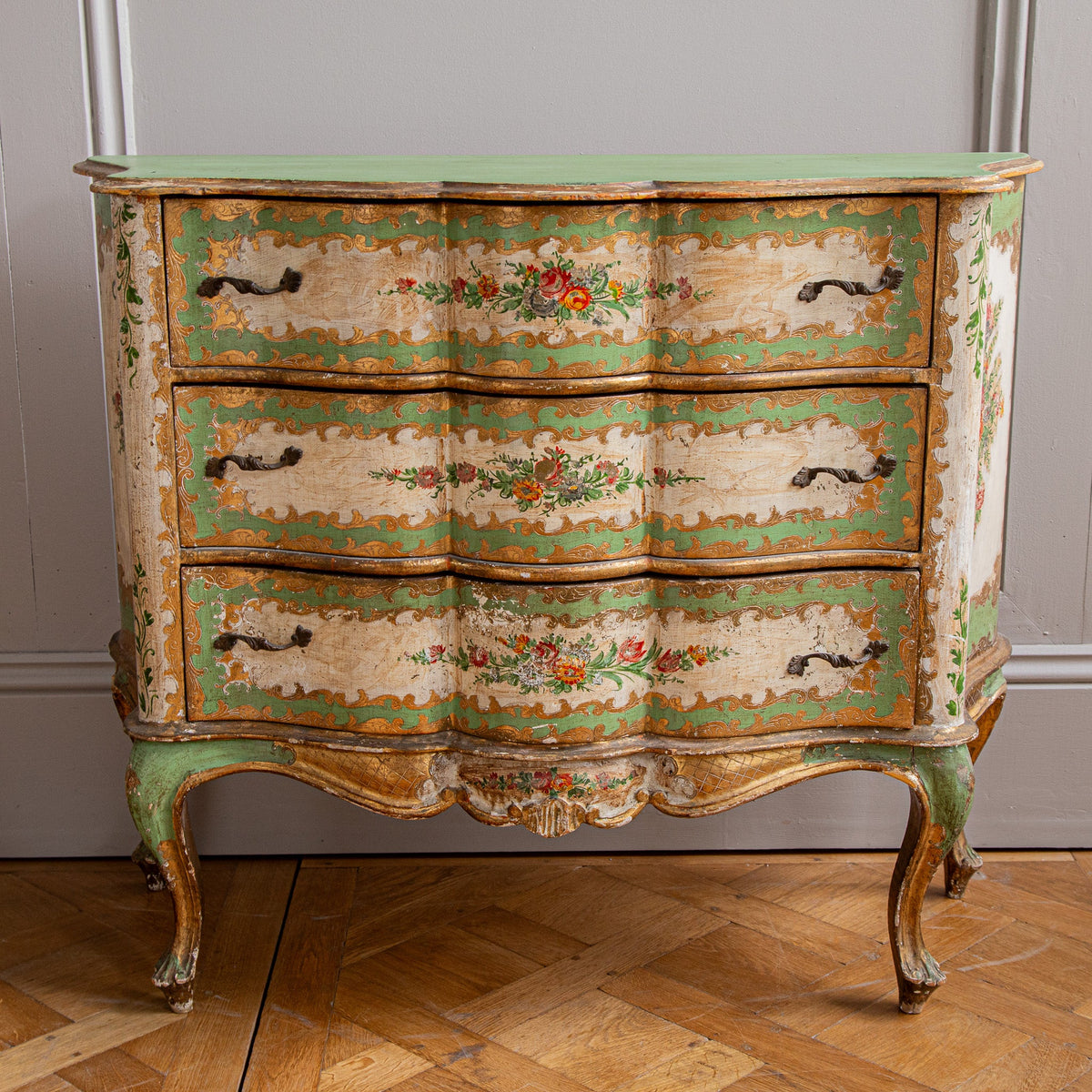 Serpentine Commode, 18th century style Italian floral painted and gilt - La Maison London