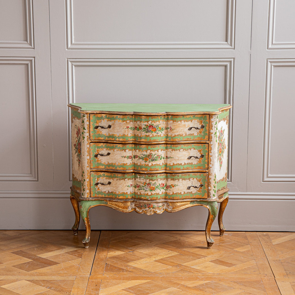 Serpentine Commode, 18th century style Italian floral painted and gilt - La Maison London