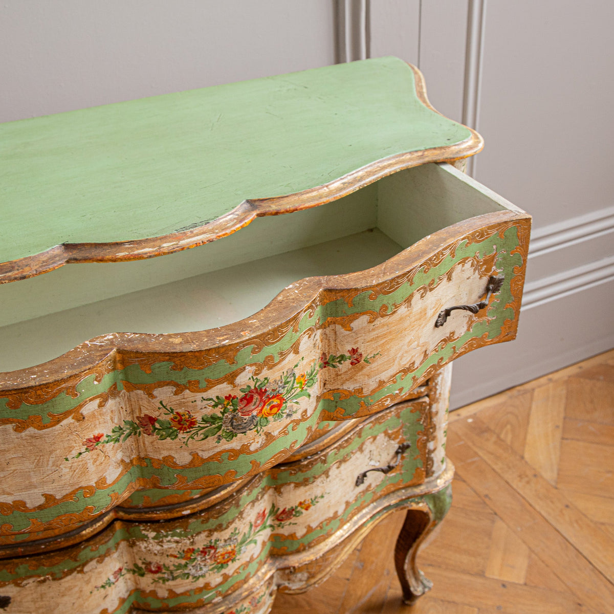 Serpentine Commode, 18th century style Italian floral painted and gilt - La Maison London