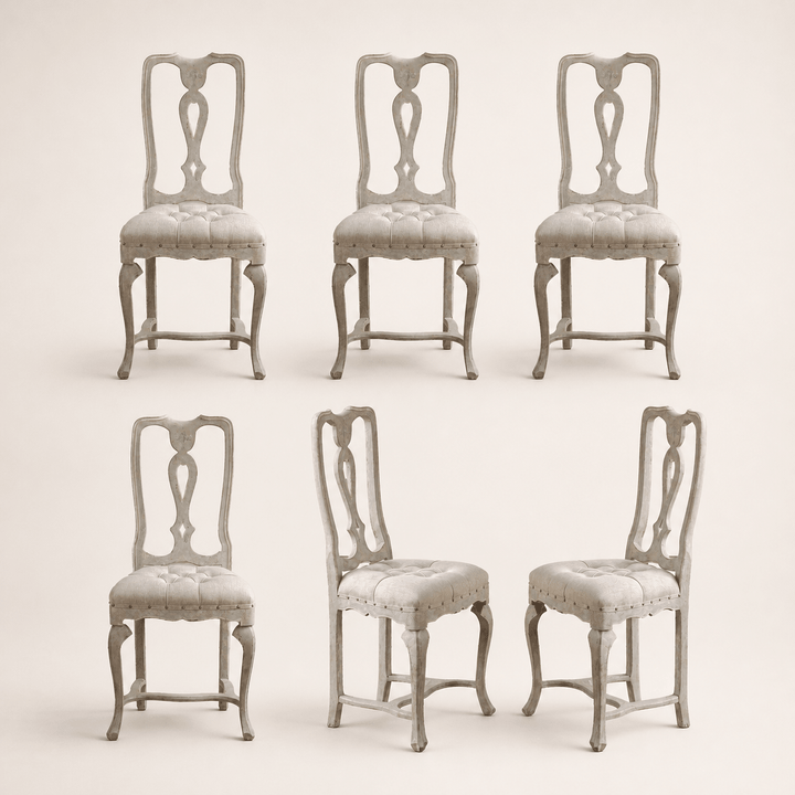 Set Of 6 Early 20th C. Italian Dining Chairs With Pale Grey-Blue Painted Patina - La Maison London