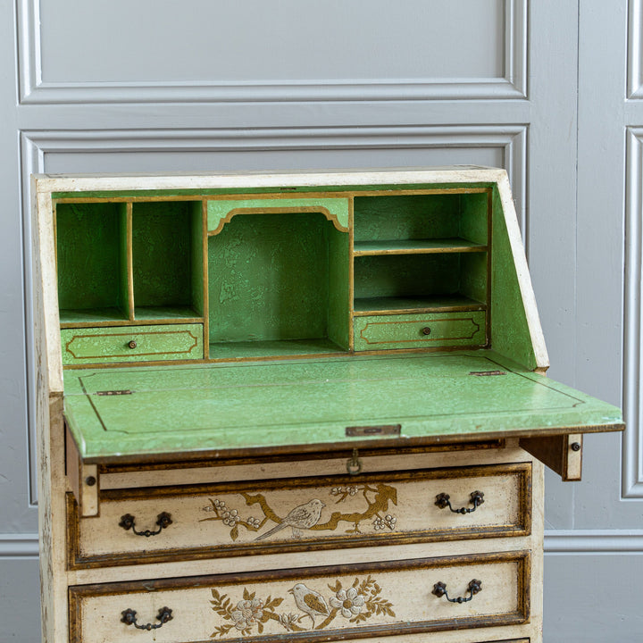 Small Antique Italian Drop - Front Scriban Desk Hand - Painted Venetian Chinoiserie - La Maison London