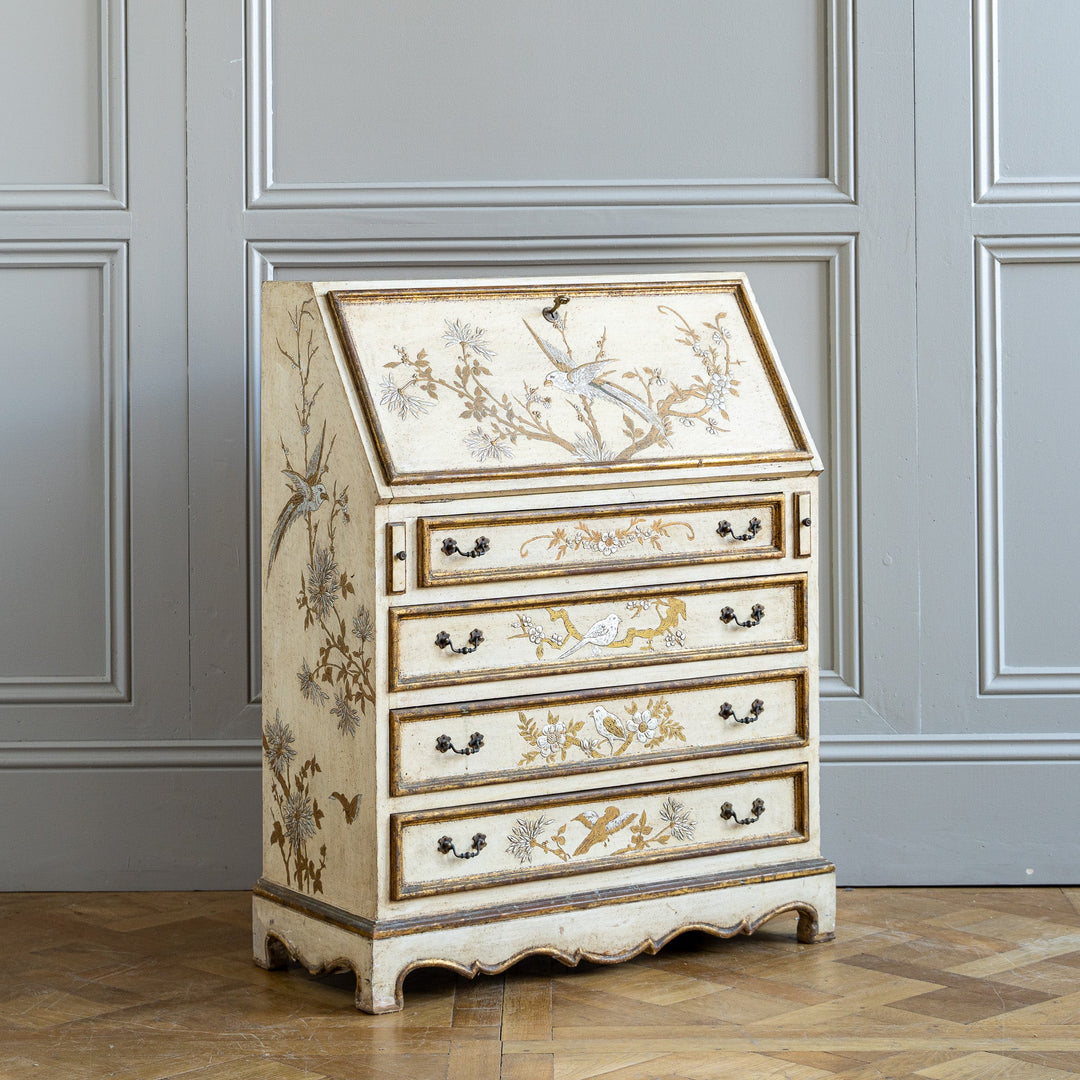 Small Antique Italian Drop - Front Scriban Desk Hand - Painted Venetian Chinoiserie - La Maison London
