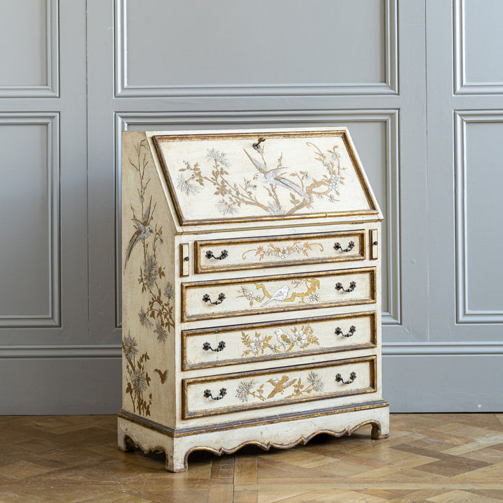 Small Antique Italian Drop - Front Scriban Desk Hand - Painted Venetian Chinoiserie - La Maison London