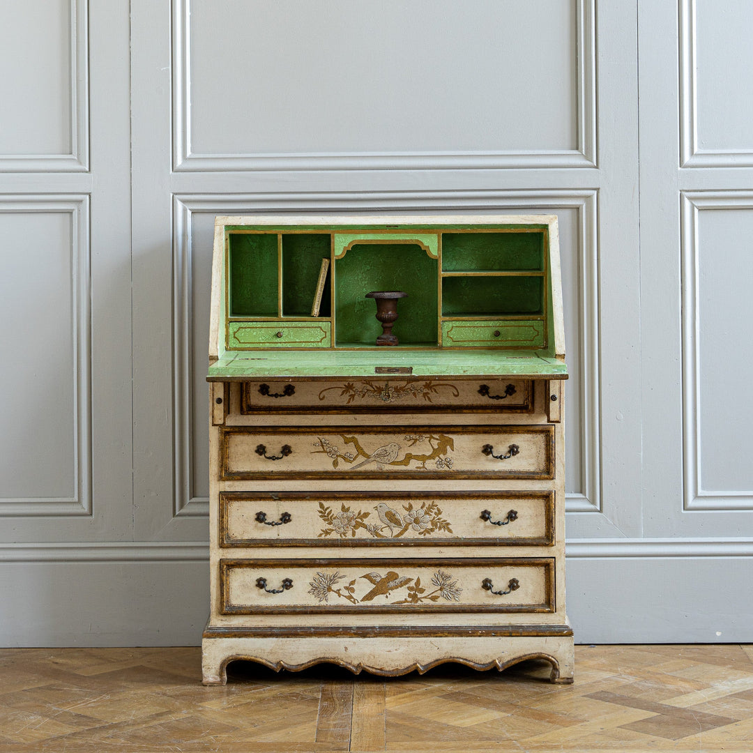Small Antique Italian Drop - Front Scriban Desk Hand - Painted Venetian Chinoiserie - La Maison London