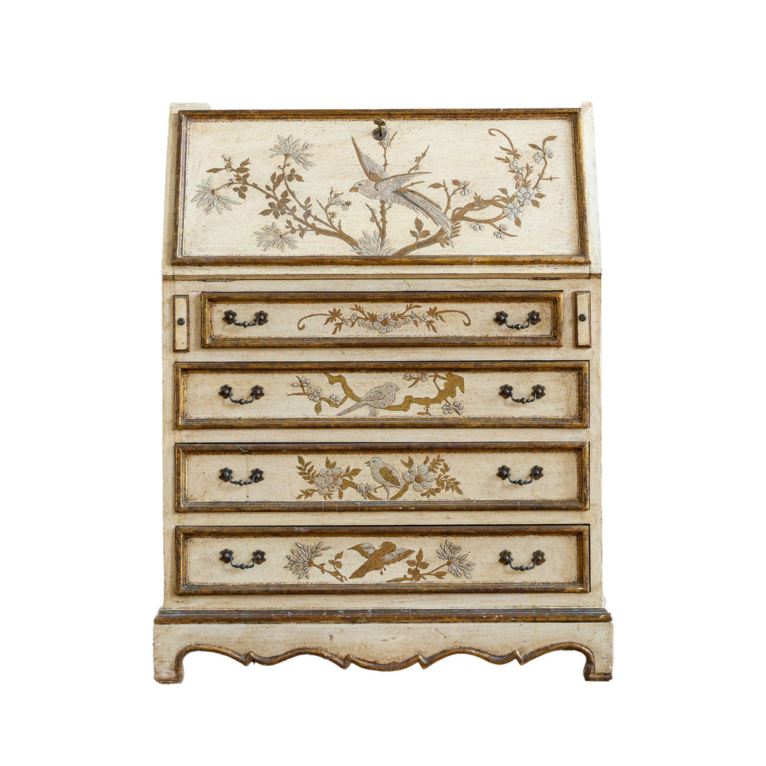 Small Antique Italian Drop - Front Scriban Desk Hand - Painted Venetian Chinoiserie - La Maison London