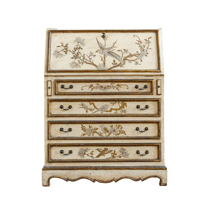 Small Antique Italian Drop - Front Scriban Desk Hand - Painted Venetian Chinoiserie - La Maison London