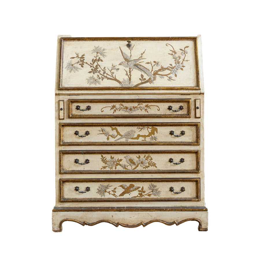 Small Antique Italian Drop - Front Scriban Desk Hand - Painted Venetian Chinoiserie - La Maison London