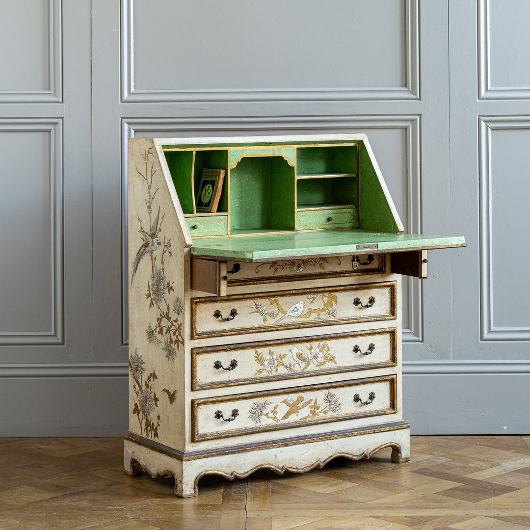Small Antique Italian Drop - Front Scriban Desk Hand - Painted Venetian Chinoiserie - La Maison London