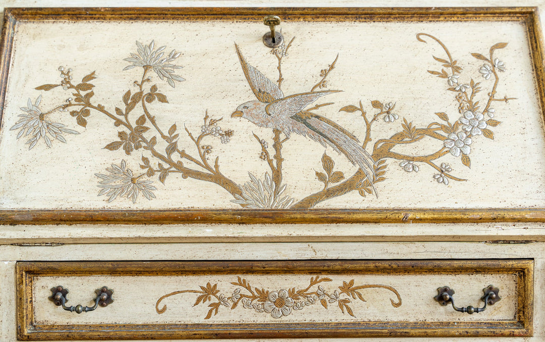 Small Antique Italian Drop - Front Scriban Desk Hand - Painted Venetian Chinoiserie - La Maison London