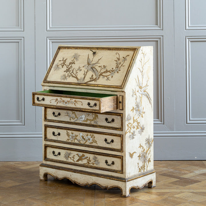 Small Antique Italian Drop - Front Scriban Desk Hand - Painted Venetian Chinoiserie - La Maison London