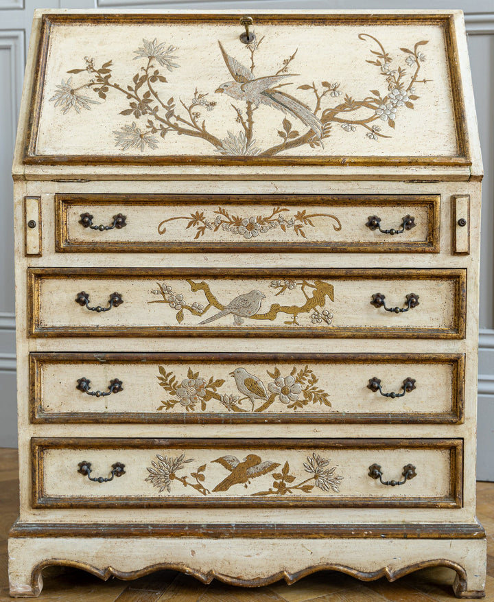 Small Antique Italian Drop - Front Scriban Desk Hand - Painted Venetian Chinoiserie - La Maison London