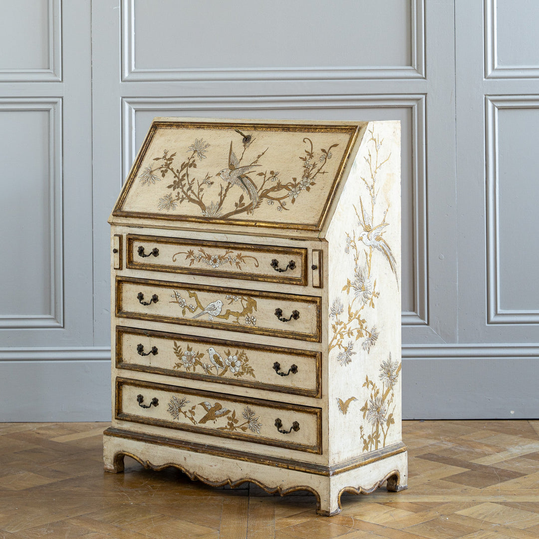 Small Antique Italian Drop - Front Scriban Desk Hand - Painted Venetian Chinoiserie - La Maison London