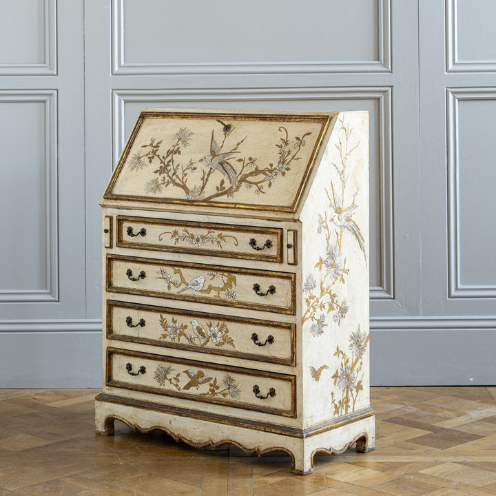 Small Antique Italian Drop - Front Scriban Desk Hand - Painted Venetian Chinoiserie - La Maison London