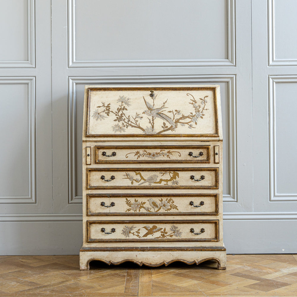 Small Antique Italian Drop - Front Scriban Desk Hand - Painted Venetian Chinoiserie - La Maison London