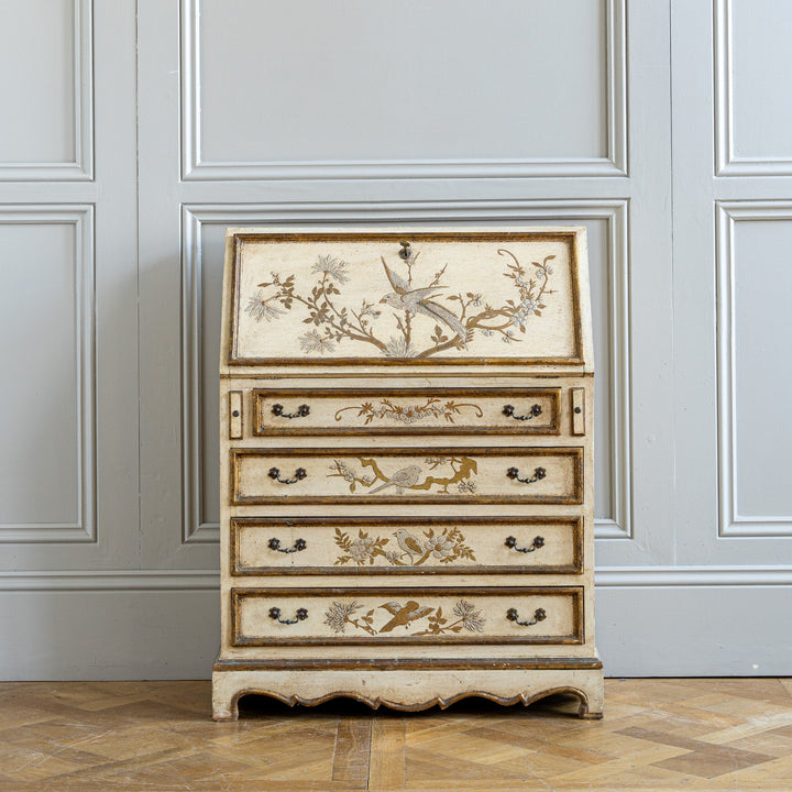 Small Antique Italian Drop - Front Scriban Desk Hand - Painted Venetian Chinoiserie - La Maison London