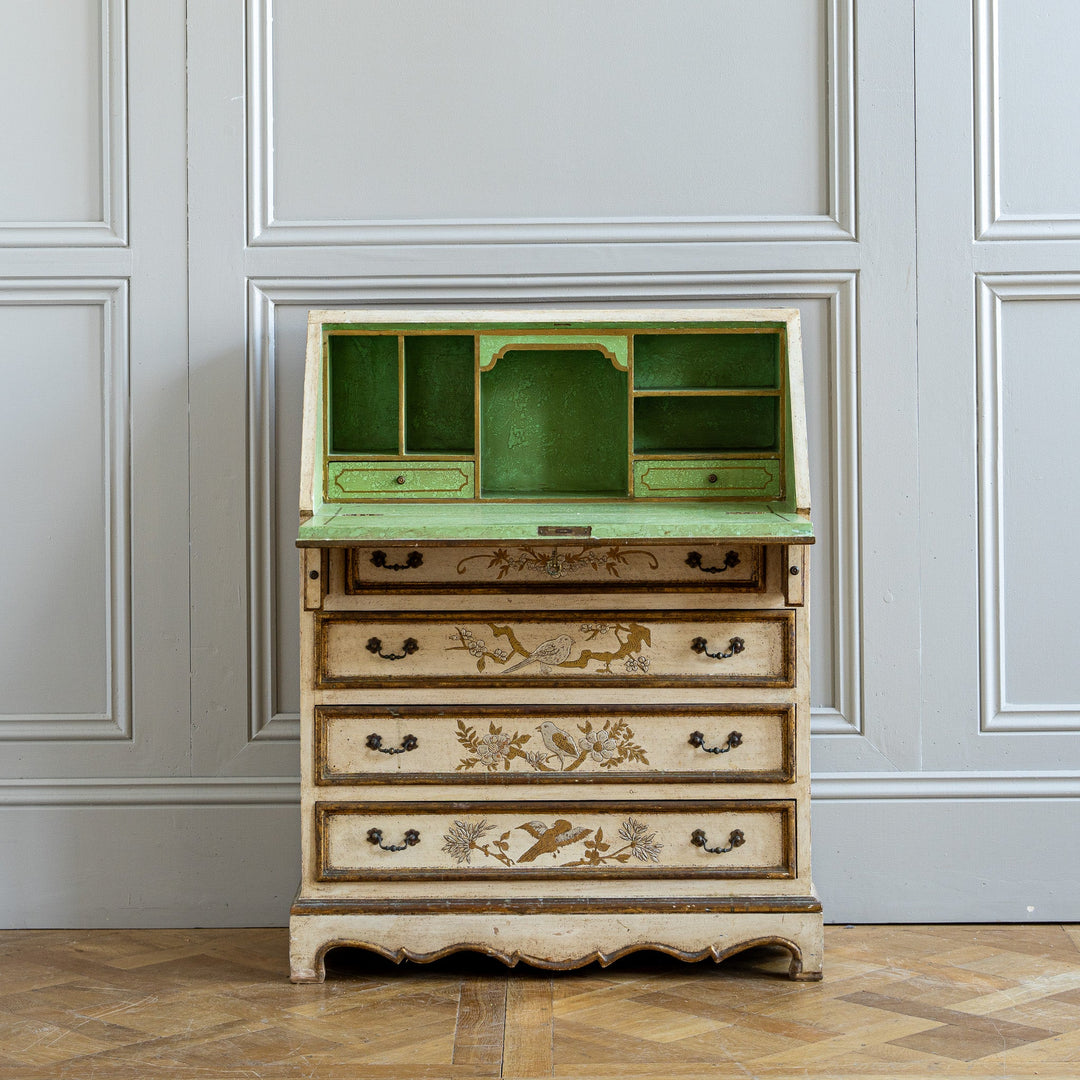 Small Antique Italian Drop - Front Scriban Desk Hand - Painted Venetian Chinoiserie - La Maison London