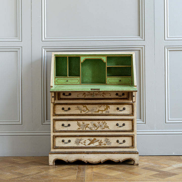 Small Antique Italian Drop - Front Scriban Desk Hand - Painted Venetian Chinoiserie - La Maison London