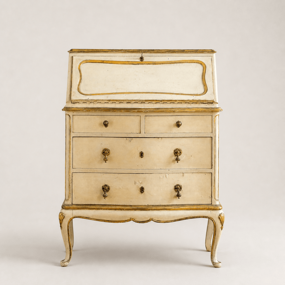 Small Antique Italian Drop-Front Scriban Desk In Original Paint And Gilt Accents - La Maison London