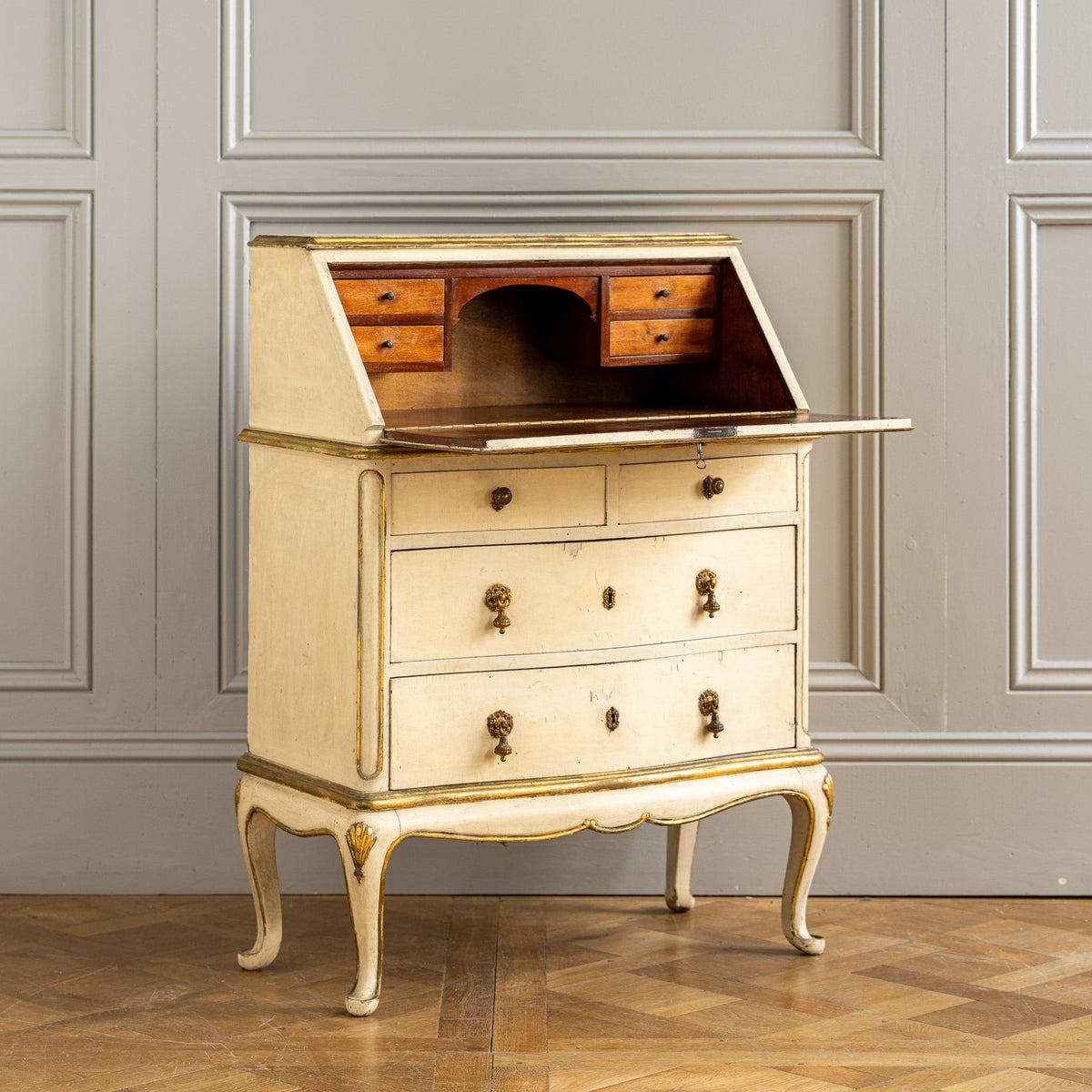 Small Antique Italian Drop - Front Scriban Desk In Original Paint And Gilt Accents - La Maison London