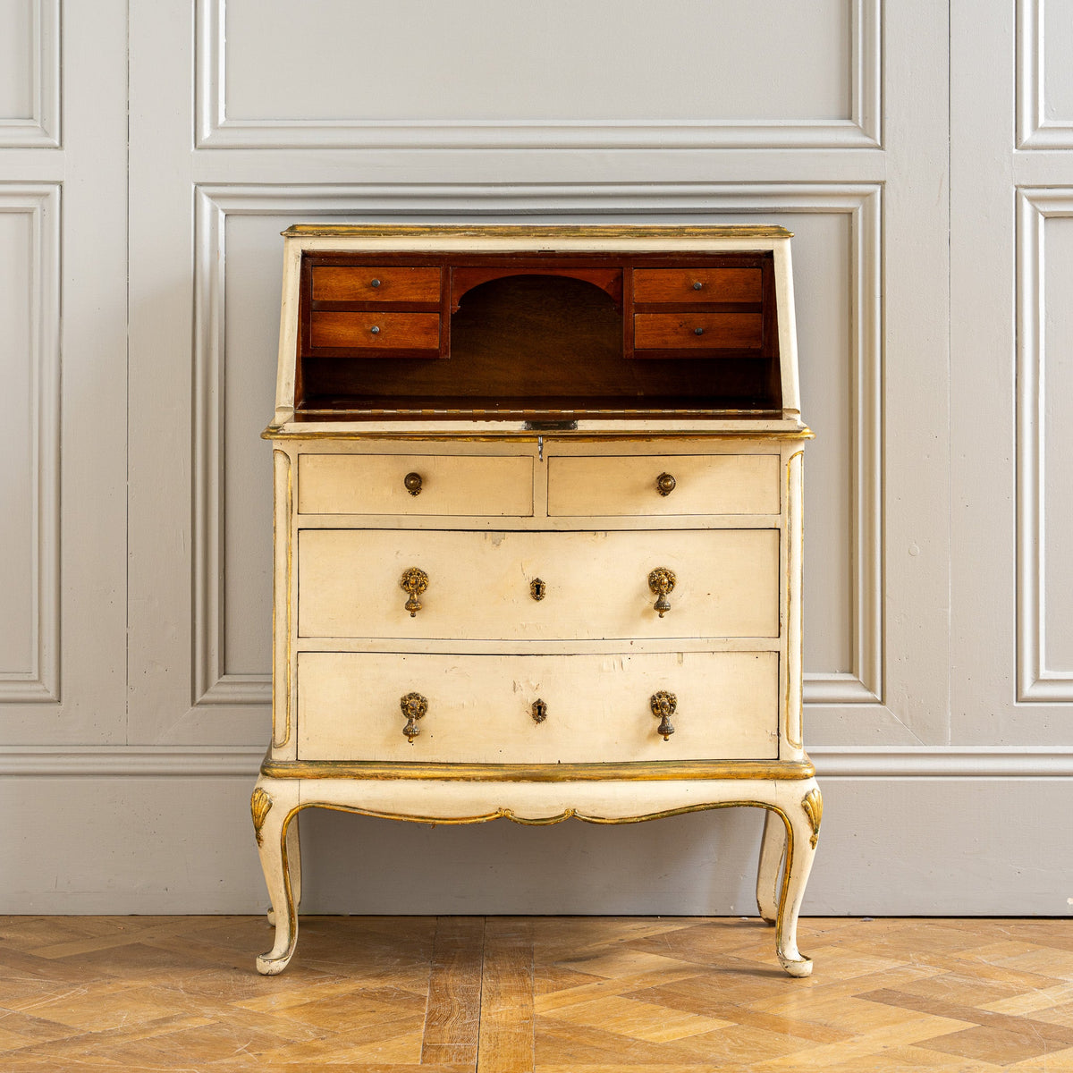 Small Antique Italian Drop - Front Scriban Desk In Original Paint And Gilt Accents - La Maison London