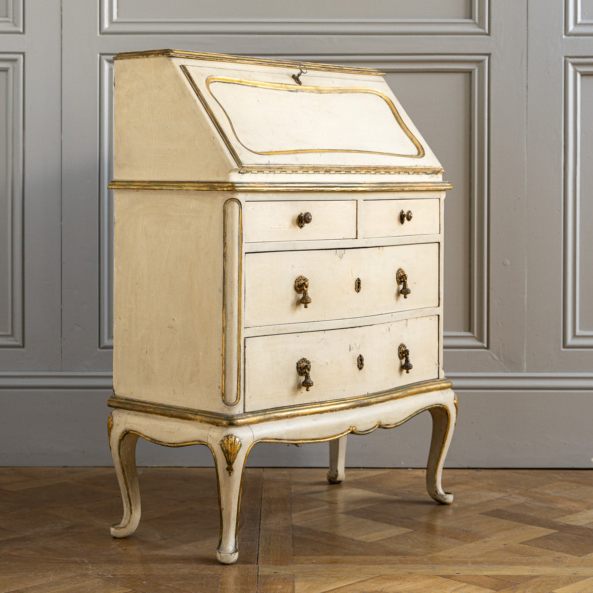 Small Antique Italian Drop - Front Scriban Desk In Original Paint And Gilt Accents - La Maison London