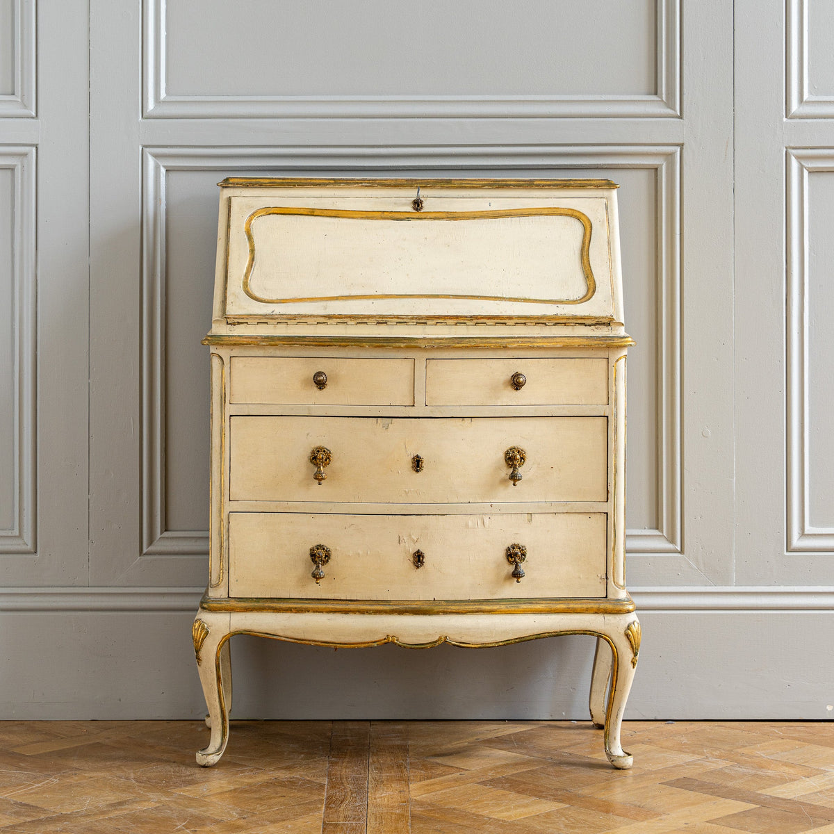 Small Antique Italian Drop - Front Scriban Desk In Original Paint And Gilt Accents - La Maison London