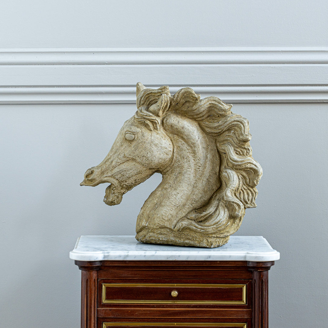 Vintage Neoclassical Style Weathered Cast Stone Horse Head Bust - La Maison London
