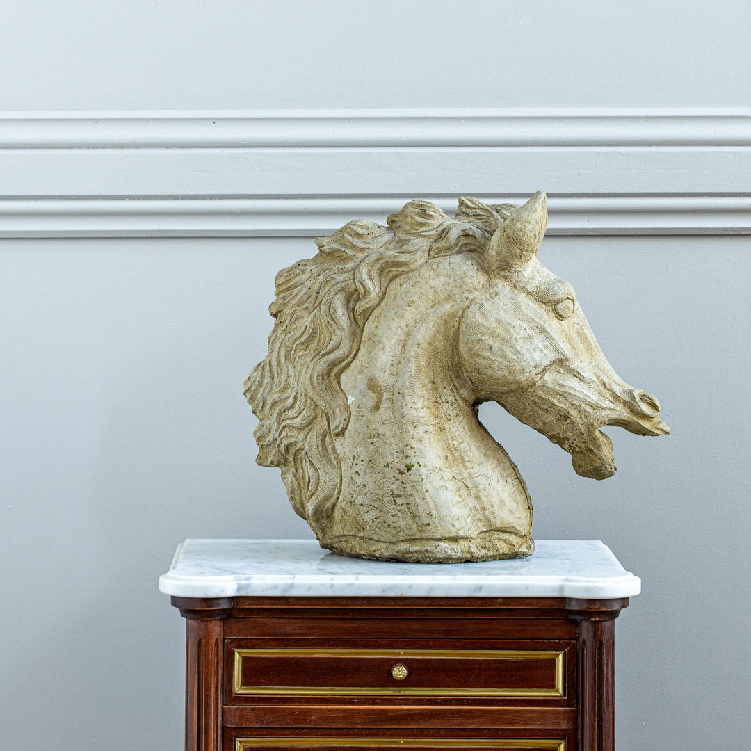 Vintage Neoclassical Style Weathered Cast Stone Horse Head Bust - La Maison London