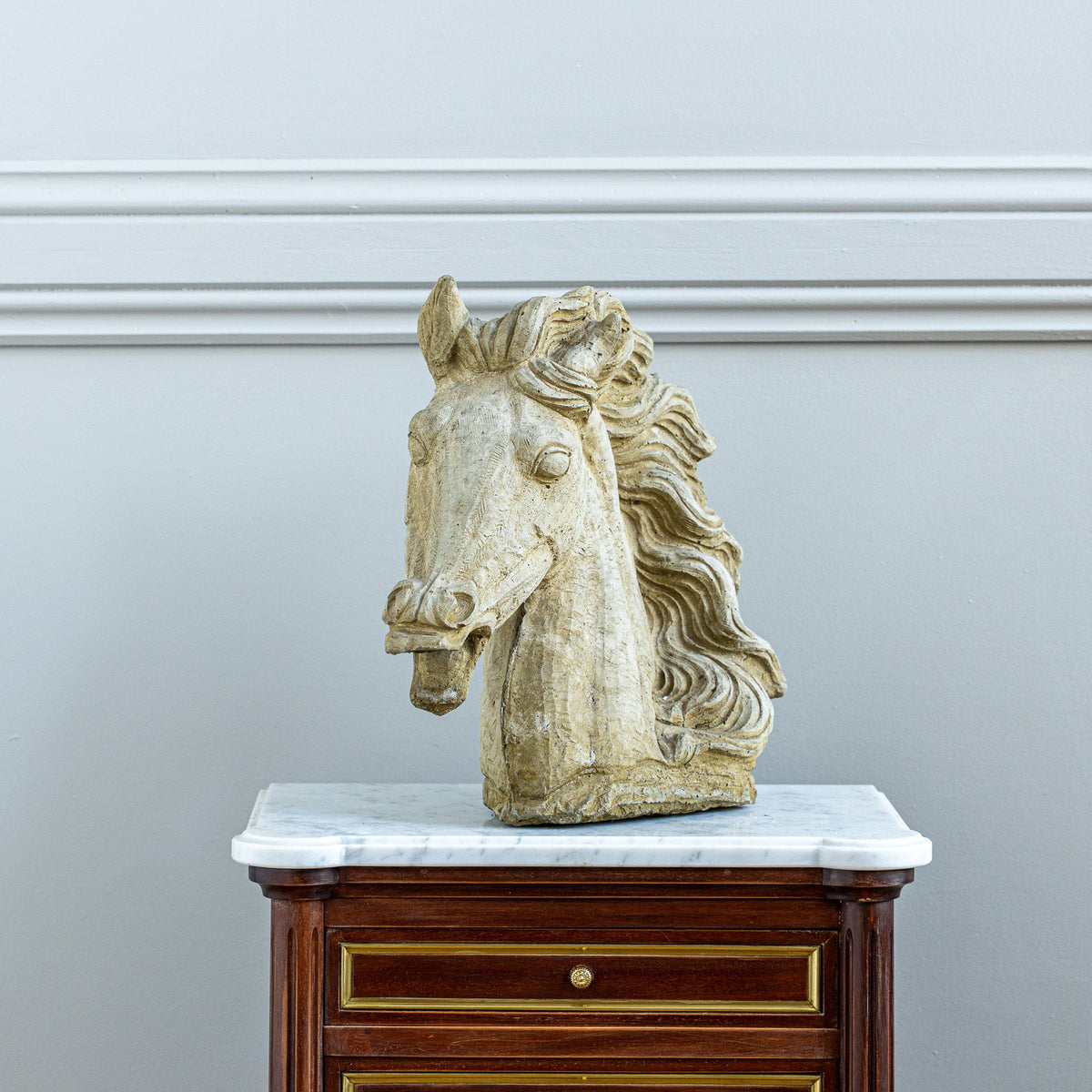 Vintage Neoclassical Style Weathered Cast Stone Horse Head Bust - La Maison London