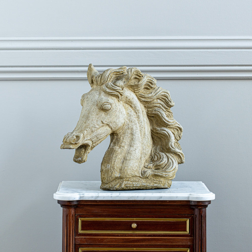 Vintage Neoclassical Style Weathered Cast Stone Horse Head Bust - La Maison London