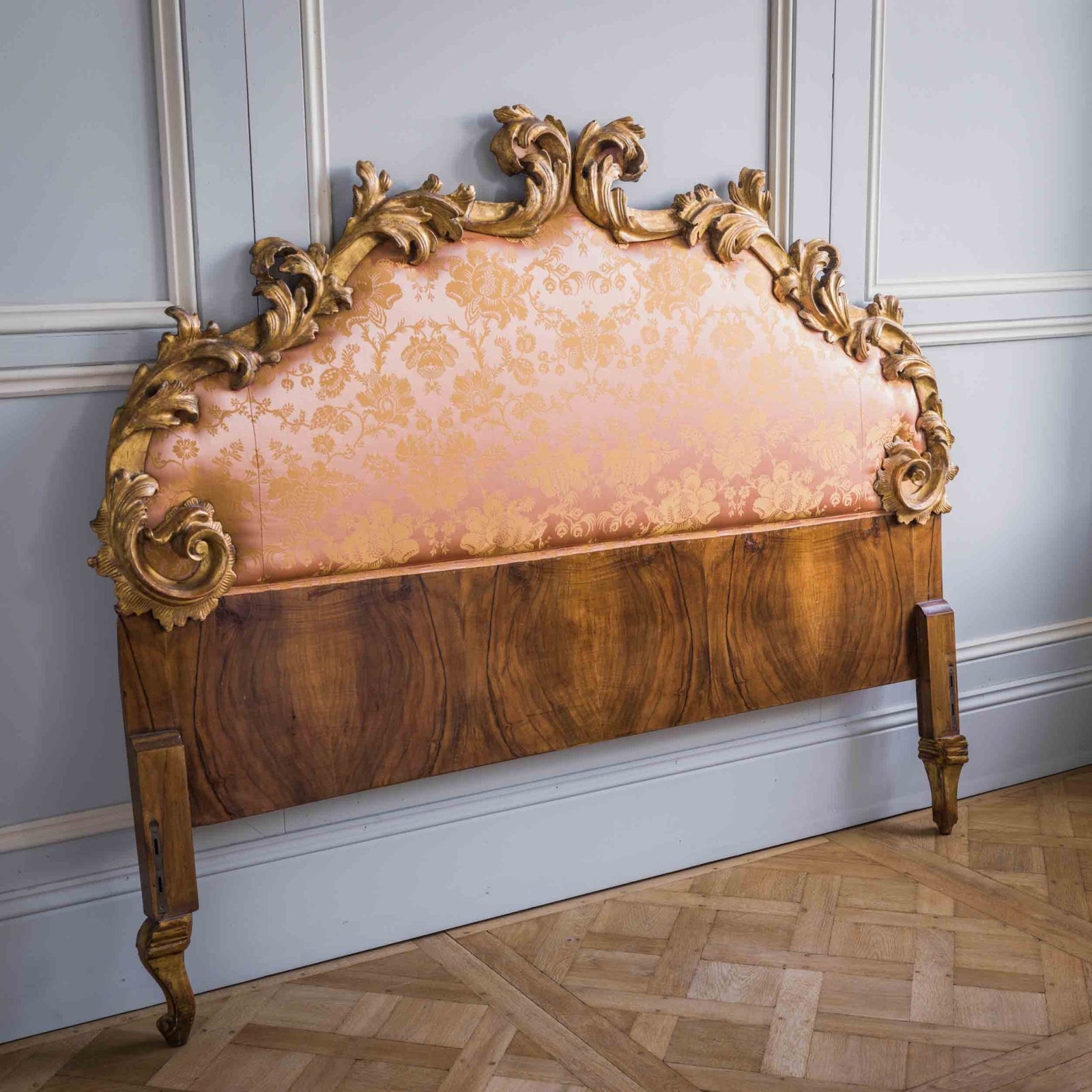 19th C. Italian Rococo Style Giltwood Headboard Upholstered in Tassinari Damask - La Maison London