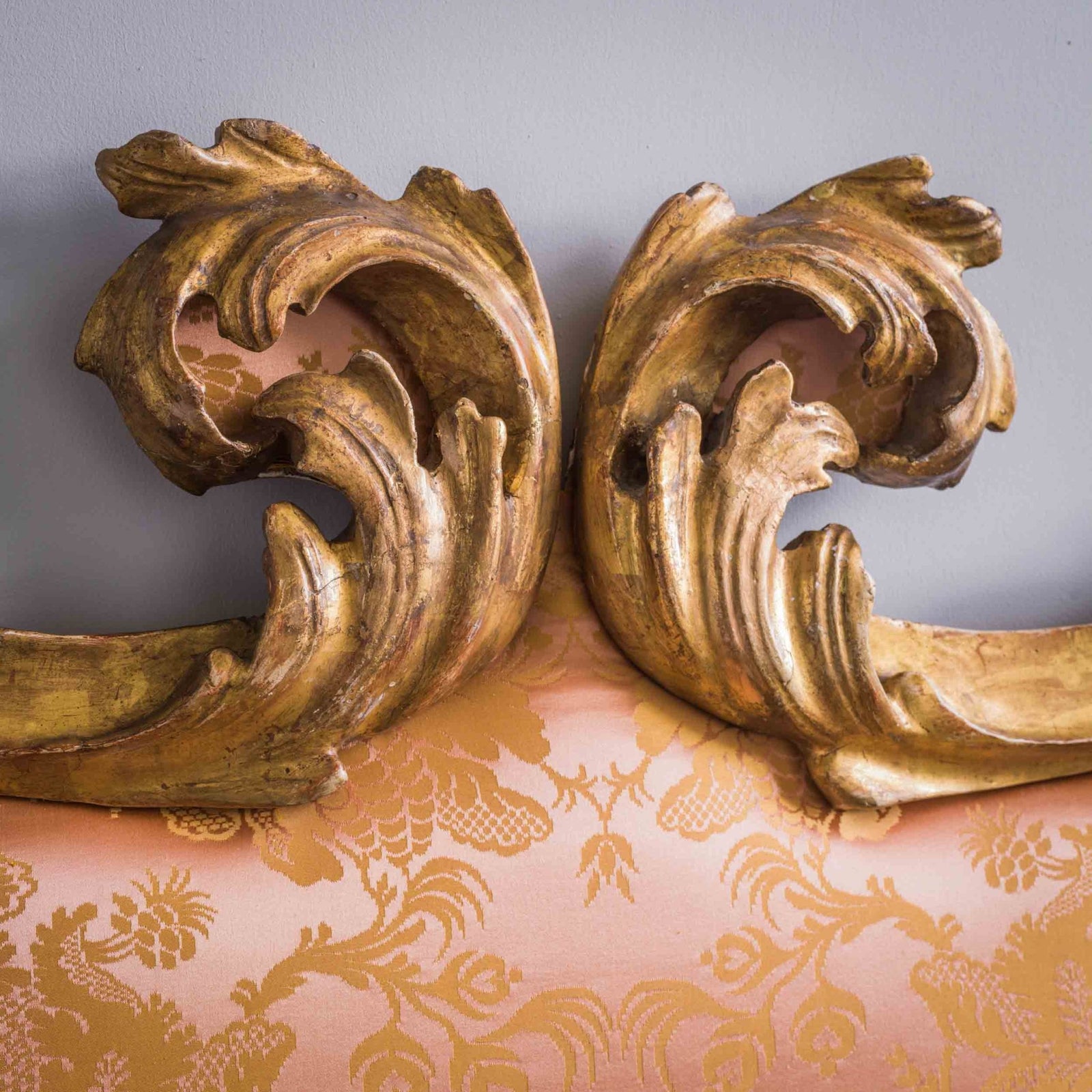19th C. Italian Rococo Style Giltwood Headboard Upholstered in Tassinari Damask - La Maison London