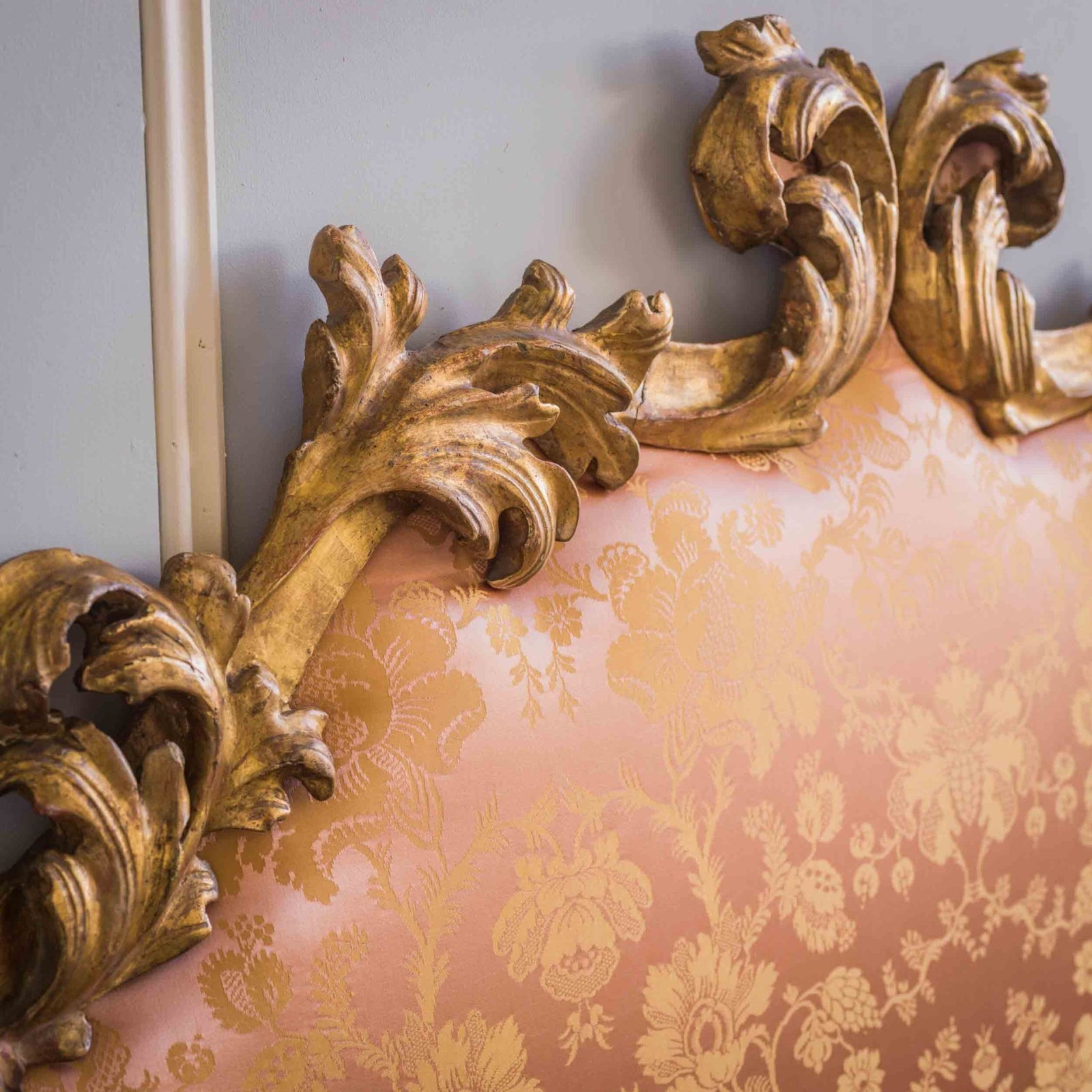 19th C. Italian Rococo Style Giltwood Headboard Upholstered in Tassinari Damask - La Maison London