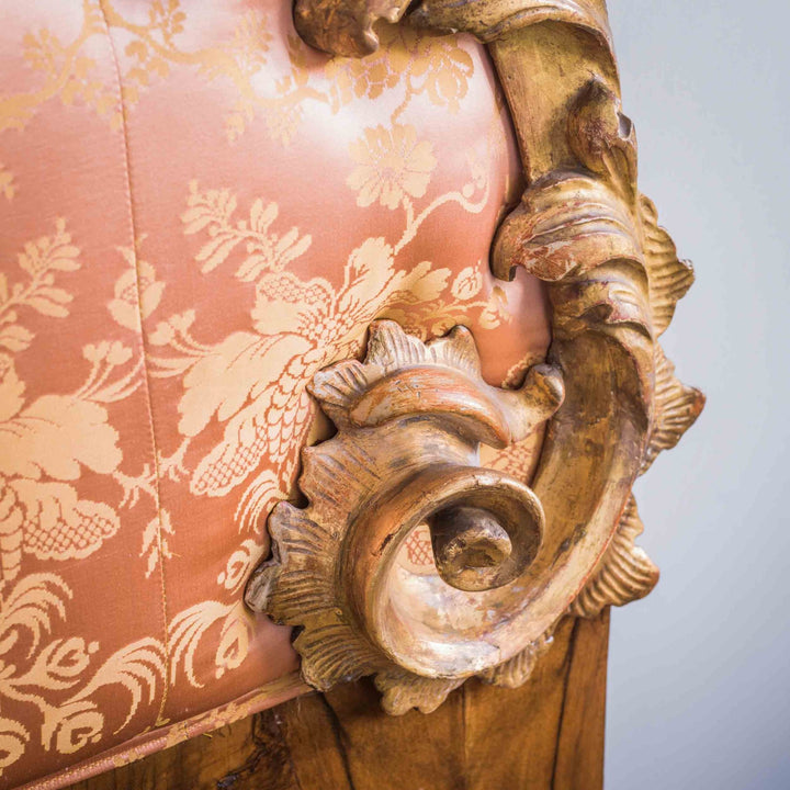 19th C. Italian Rococo Style Giltwood Headboard Upholstered in Tassinari Damask - La Maison London