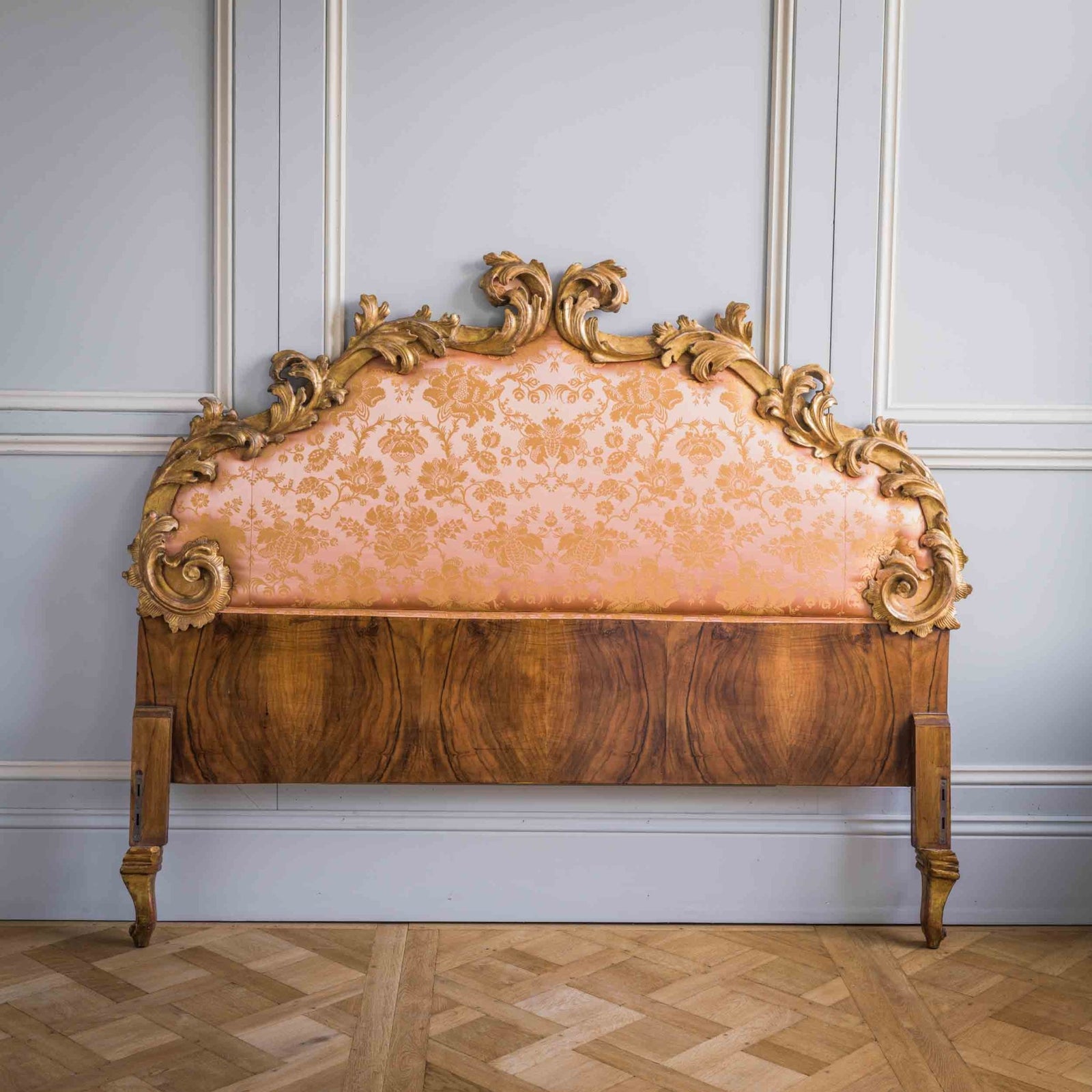 19th C. Italian Rococo Style Giltwood Headboard Upholstered in Tassinari Damask - La Maison London