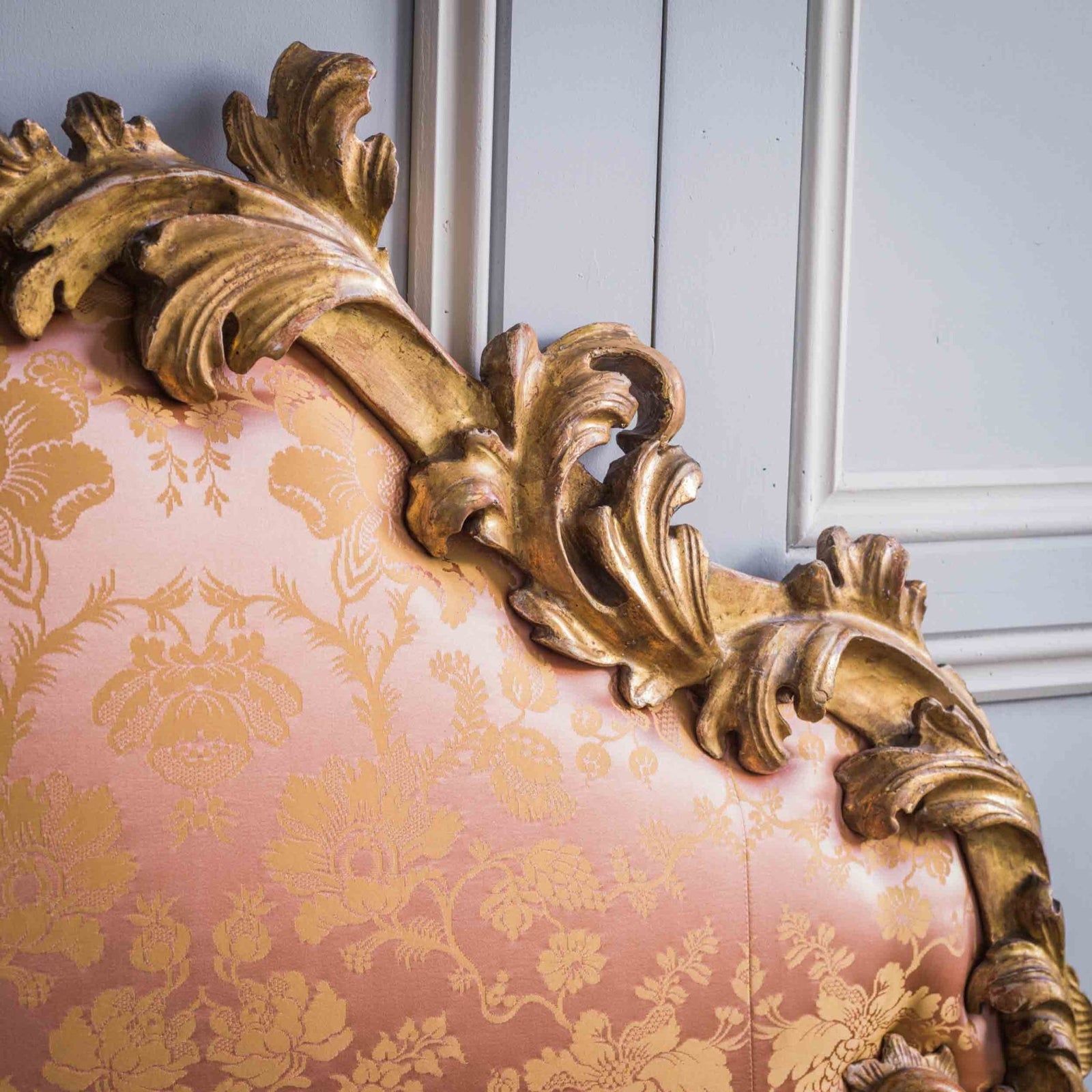 19th C. Italian Rococo Style Giltwood Headboard Upholstered in Tassinari Damask - La Maison London