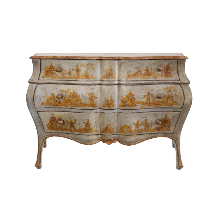 Late 19th C. Venetian Chest Painted in Chinoiserie Stye of Blue & Yellow Ochres