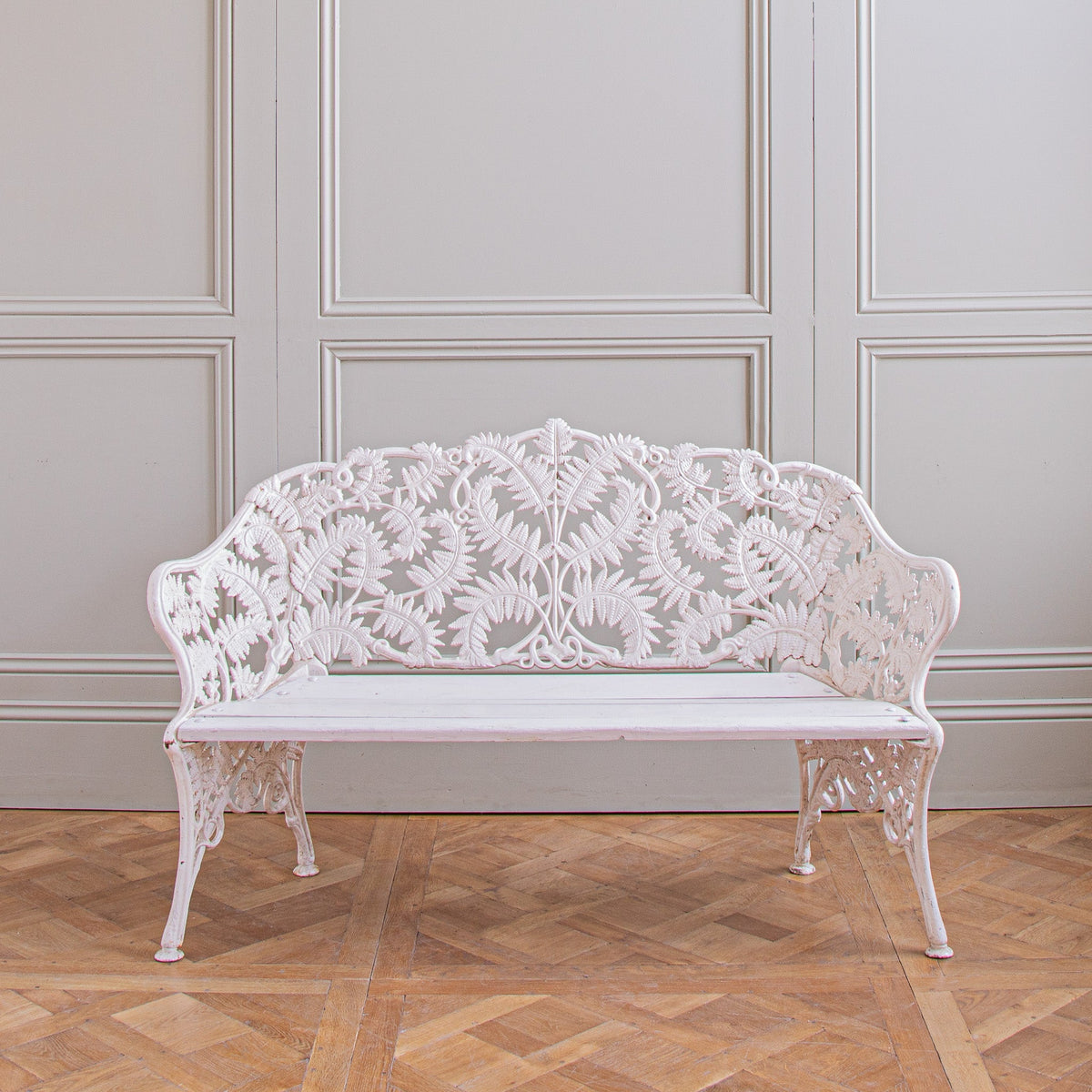 Antique Cast Iron Garden Bench With Fern Leaf Motif In White - La Maison London