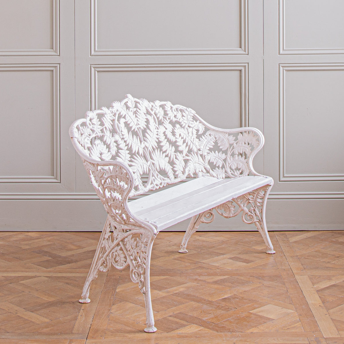 Antique Cast Iron Garden Bench With Fern Leaf Motif In White - La Maison London