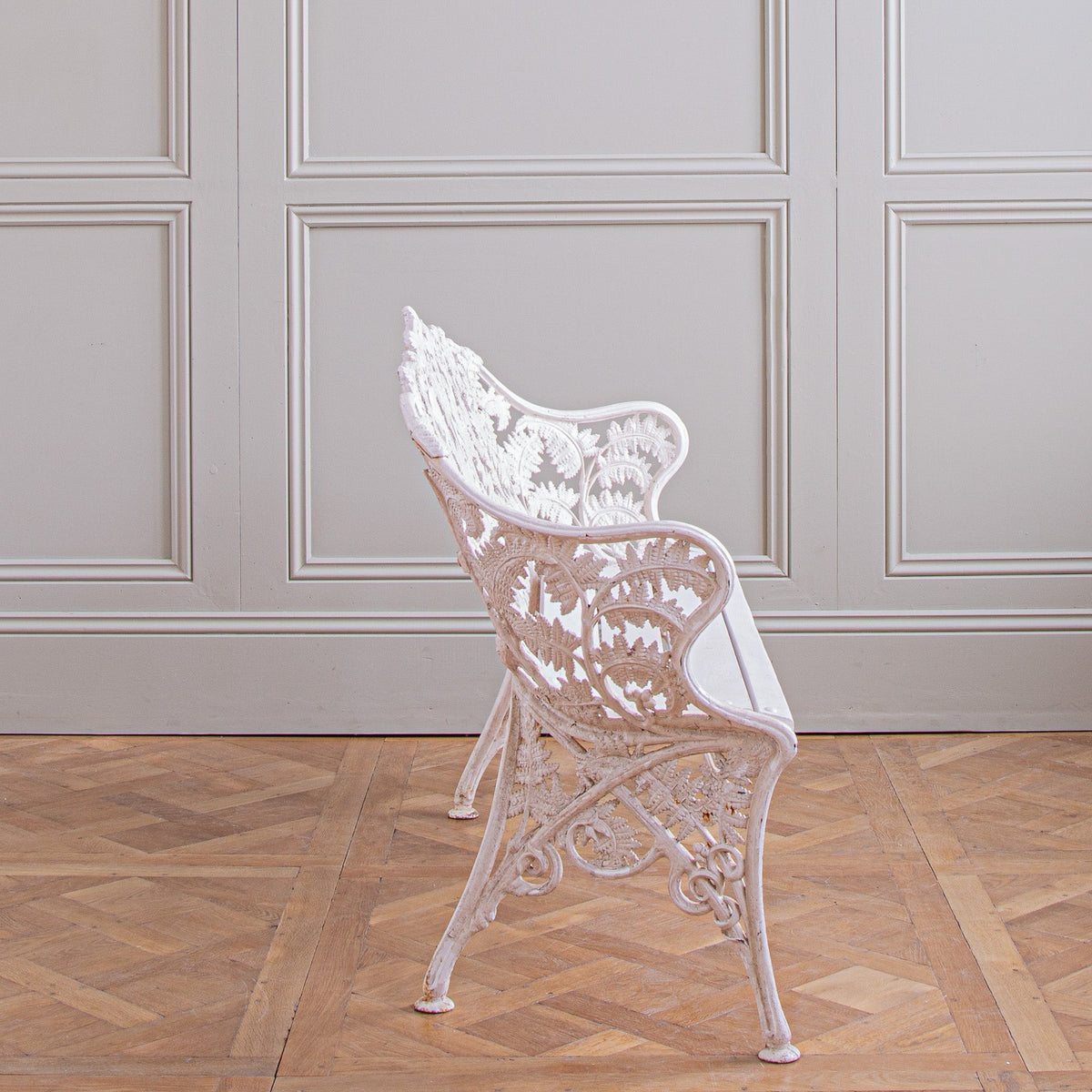 Antique Cast Iron Garden Bench With Fern Leaf Motif In White - La Maison London