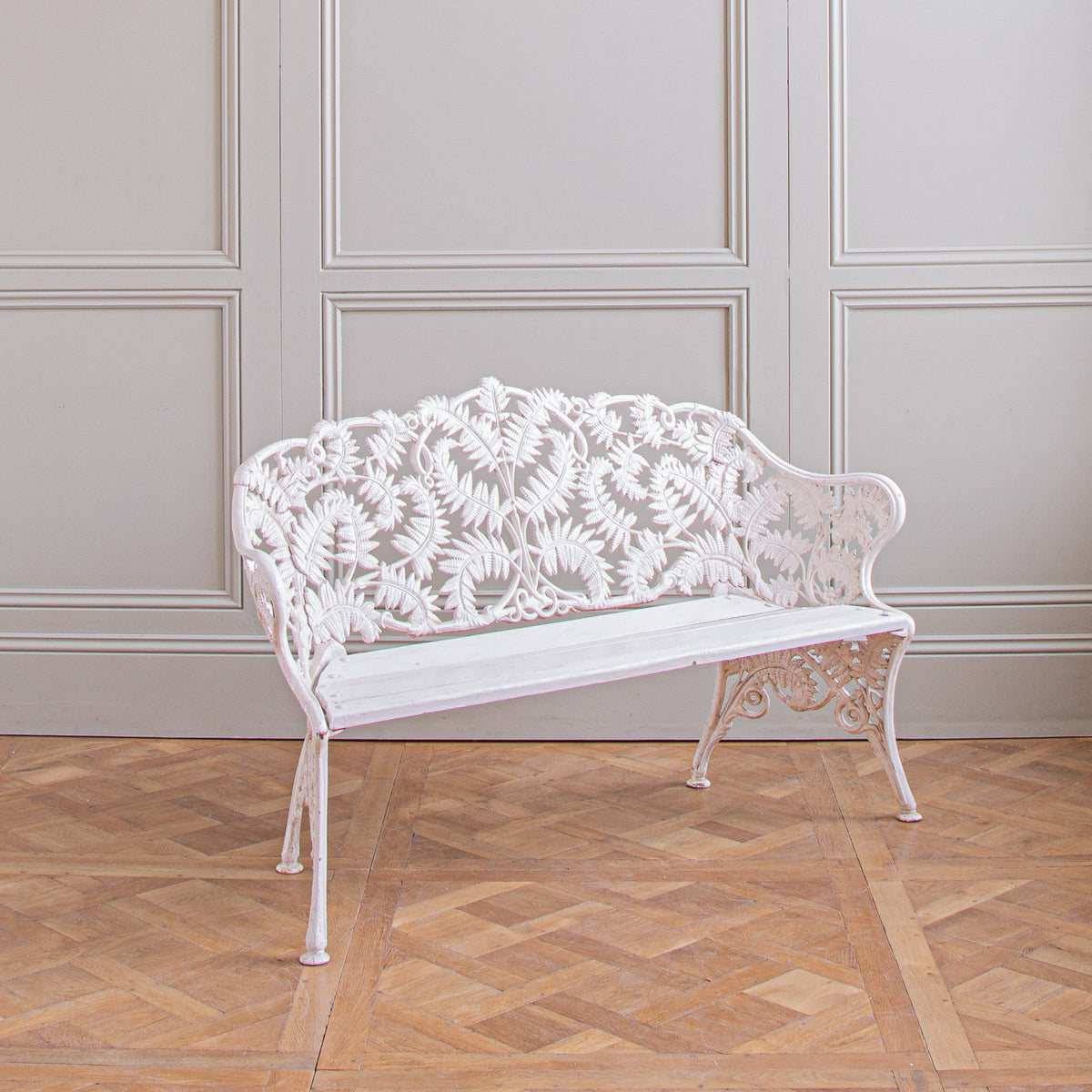 Antique Cast Iron Garden Bench With Fern Leaf Motif In White - La Maison London