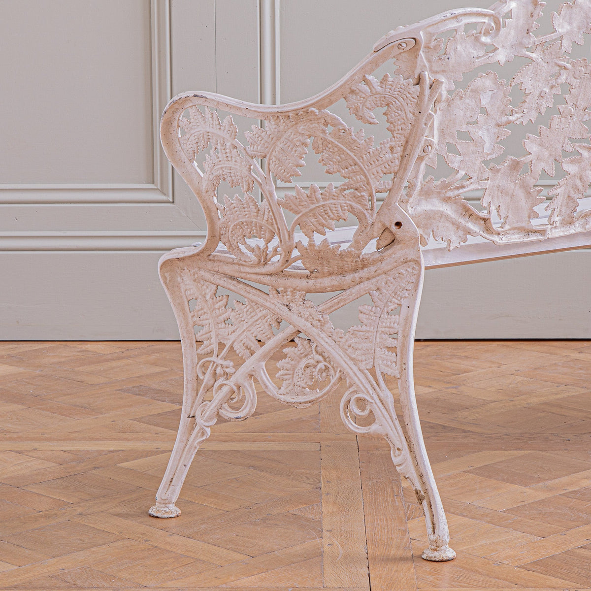 Antique Cast Iron Garden Bench With Fern Leaf Motif In White - La Maison London