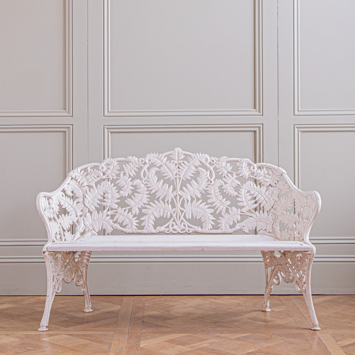 Antique Cast Iron Garden Bench With Fern Leaf Motif In White - La Maison London