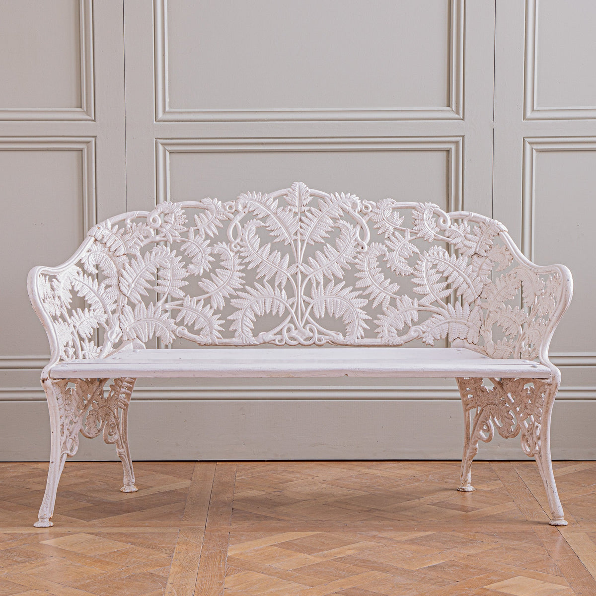 Antique Cast Iron Garden Bench With Fern Leaf Motif In White - La Maison London