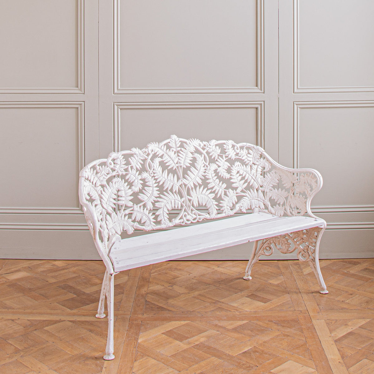 Antique Cast Iron Garden Bench With Fern Leaf Motif In White - La Maison London