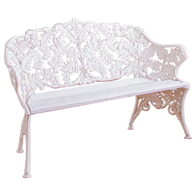 Antique Cast Iron Garden Bench With Fern Leaf Motif In White
