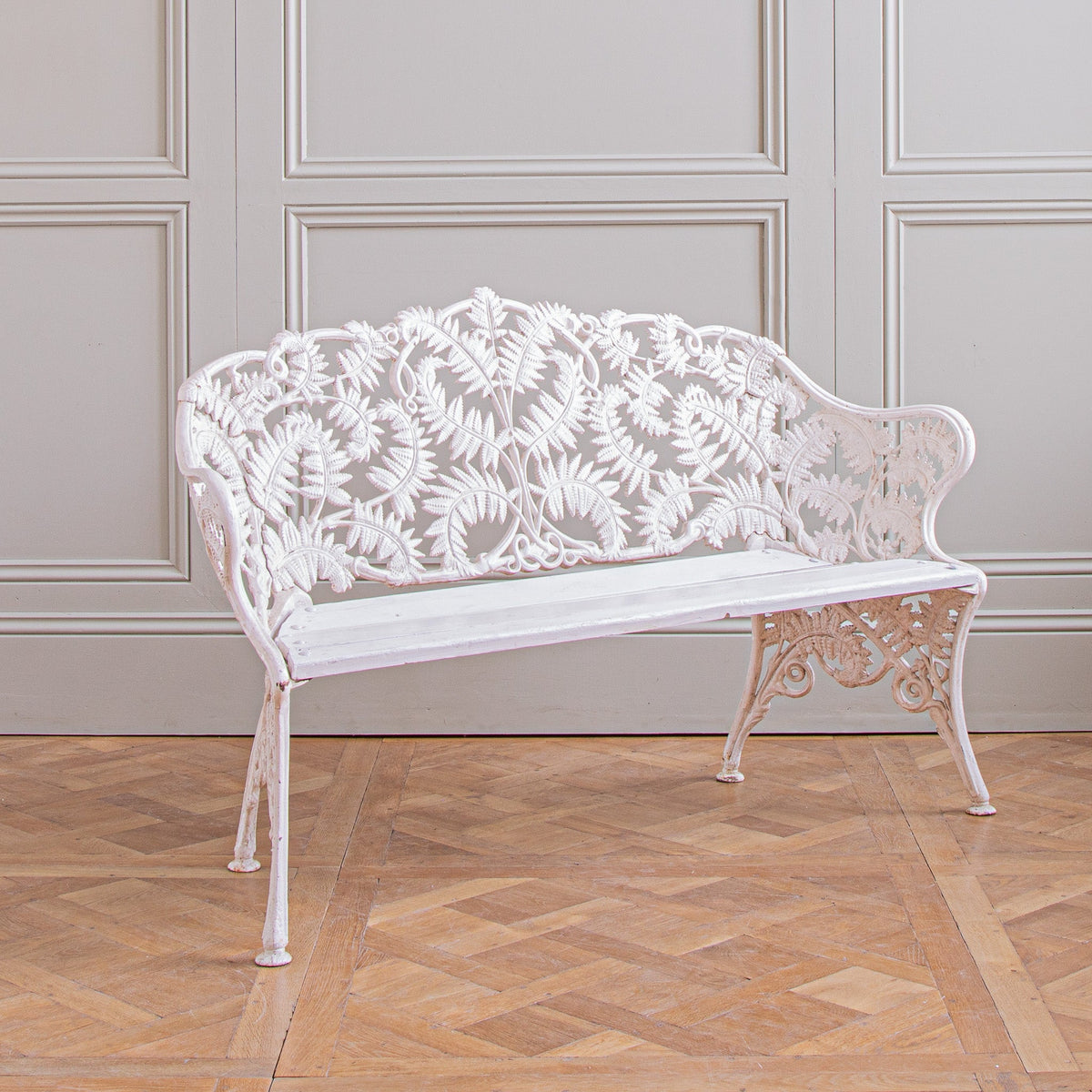 Antique Cast Iron Garden Bench With Fern Leaf Motif In White - La Maison London