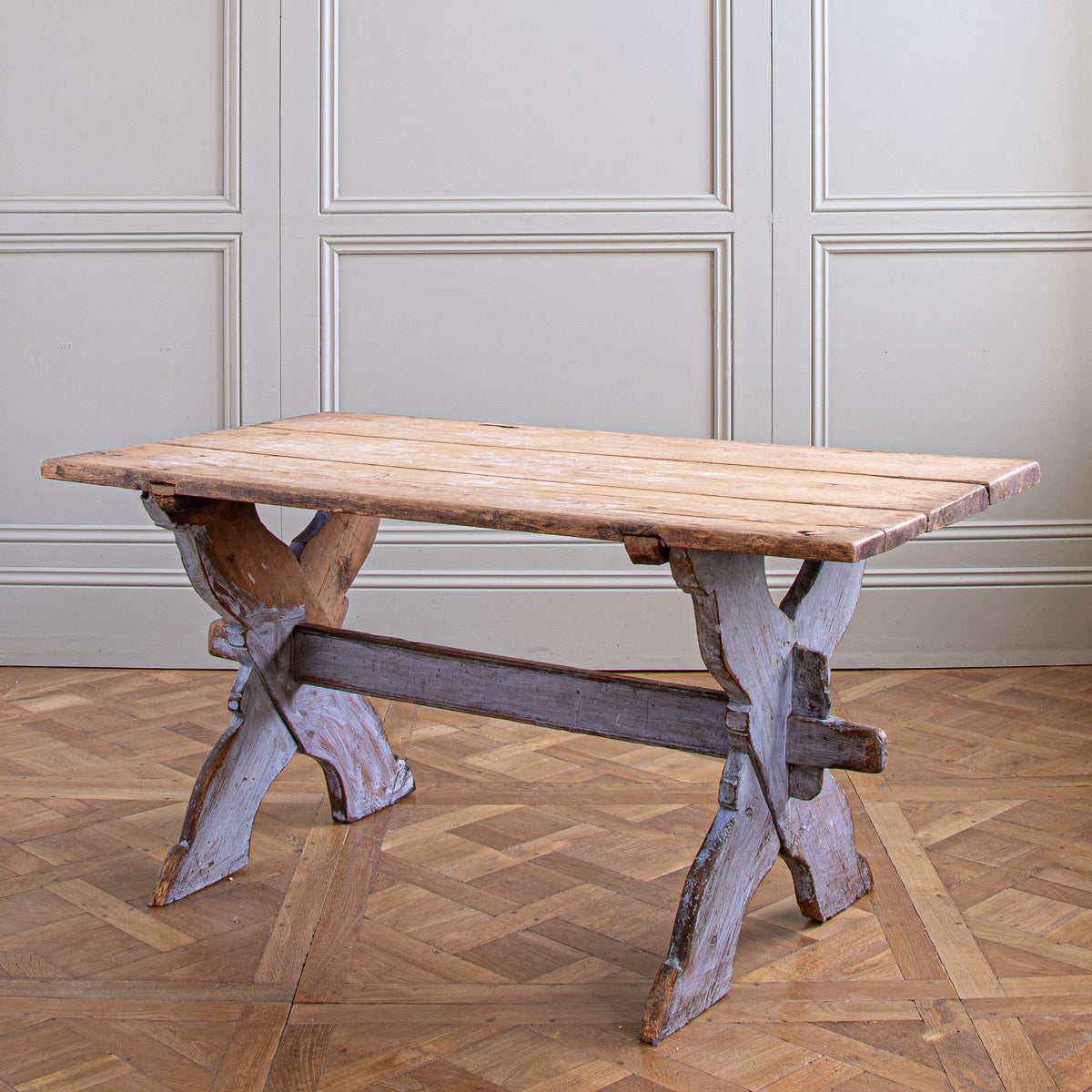 Antique Rustic Swedish Farm House Table With Chalk Blue Patina Circa 1870 - La Maison London